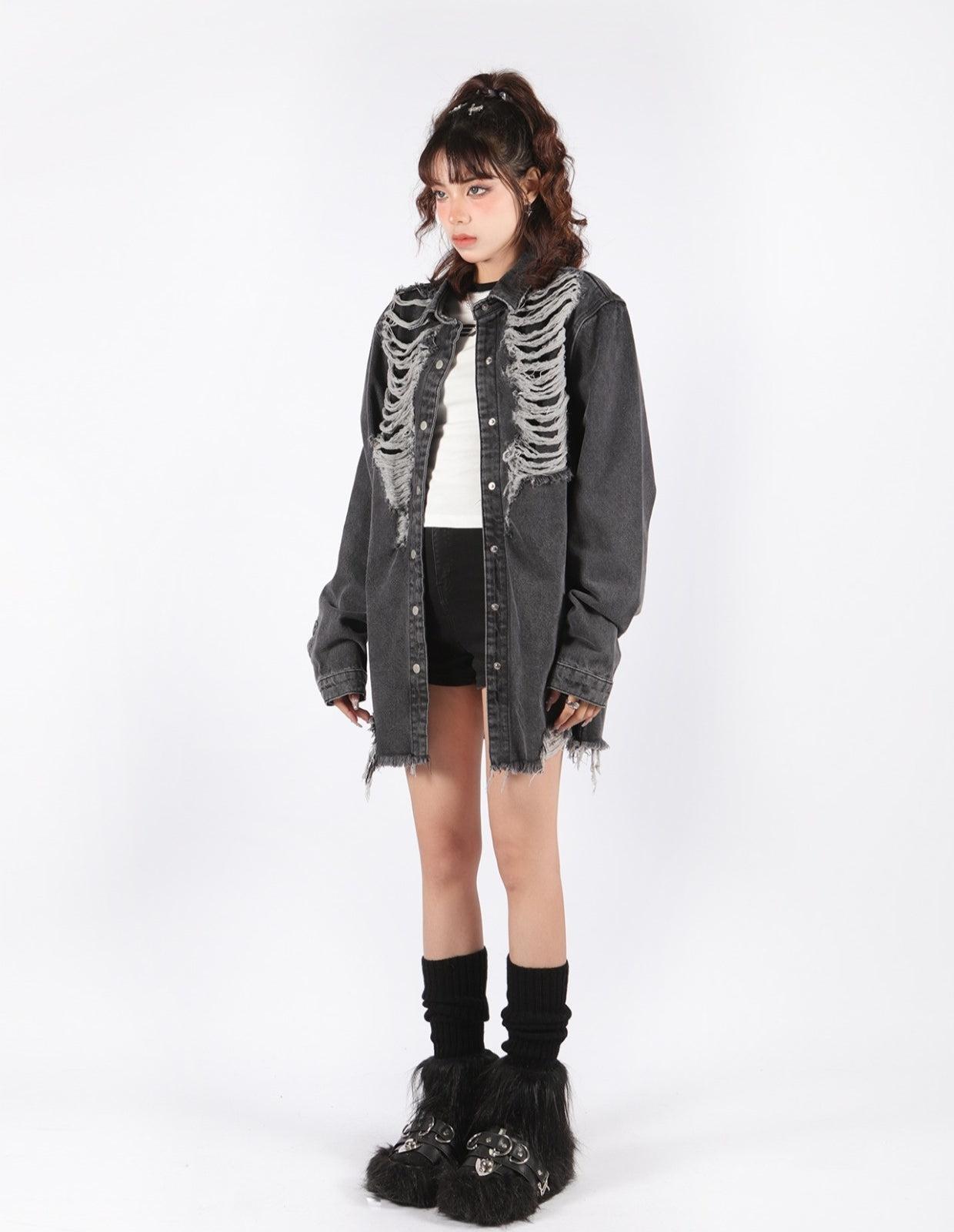 Style Core Aesthetics, New Style Trends - Grunge Distressed Long Denim Jacket Style Core Aesthetics, New Style Trends - Grunge Distressed Long Denim Jacket