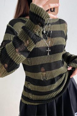 Style Core Aesthetics, New Style Trends - Grunge Distressed Striped Sweater