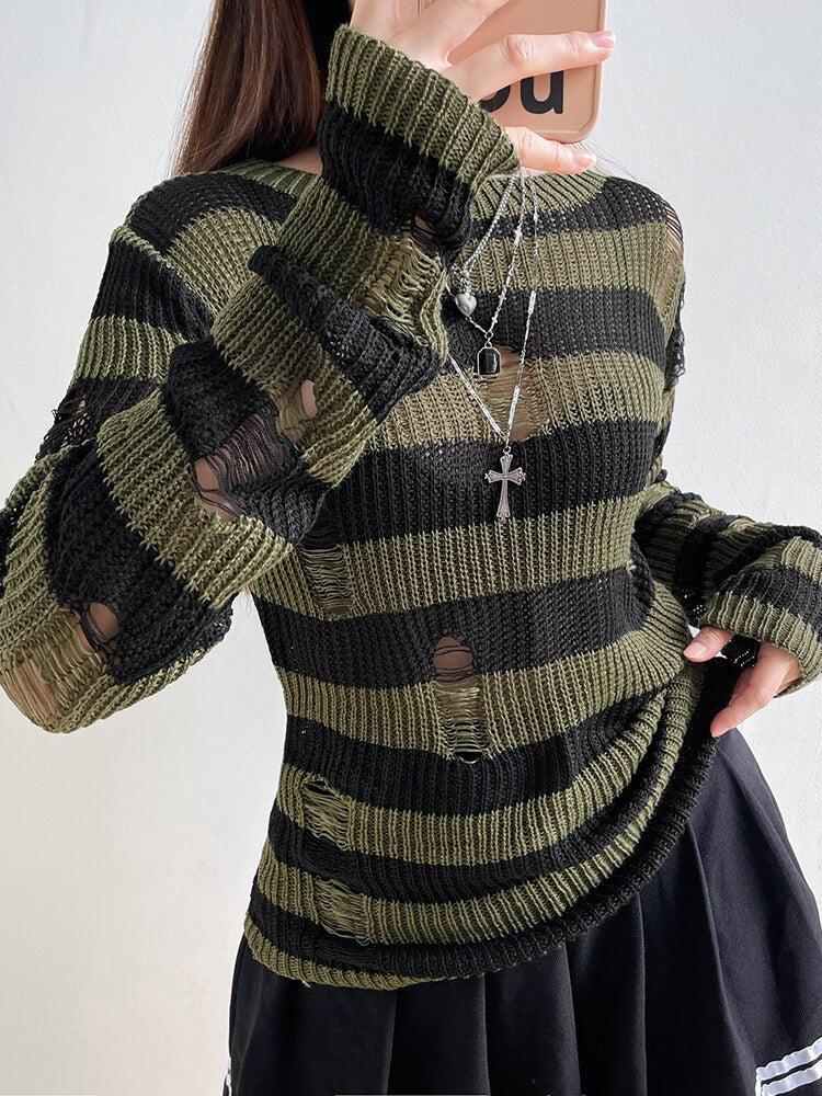 Style Core Aesthetics, New Style Trends - Grunge Distressed Striped Sweater Style Core Aesthetics, New Style Trends - Grunge Distressed Striped Sweater