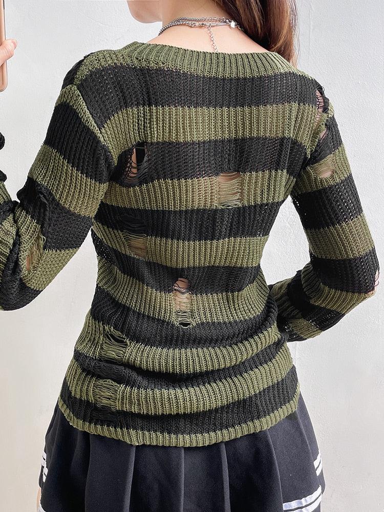 Style Core Aesthetics, New Style Trends - Grunge Distressed Striped Sweater Style Core Aesthetics, New Style Trends - Grunge Distressed Striped Sweater