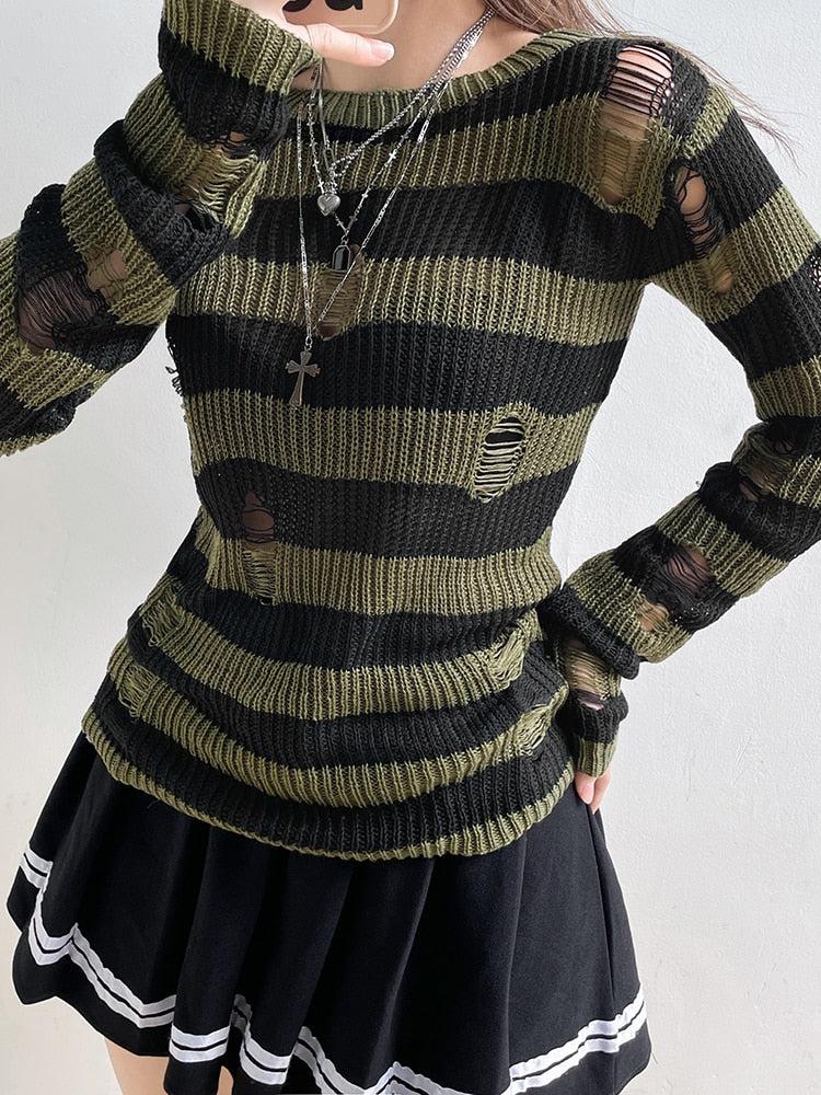 Style Core Aesthetics, New Style Trends - Grunge Distressed Striped Sweater Style Core Aesthetics, New Style Trends - Grunge Distressed Striped Sweater
