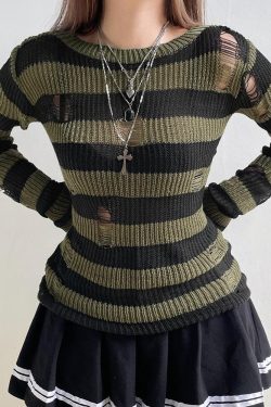 Style Core Aesthetics, New Style Trends - Grunge Distressed Striped Sweater