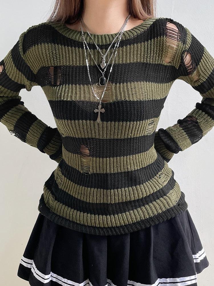 Style Core Aesthetics, New Style Trends - Grunge Distressed Striped Sweater Style Core Aesthetics, New Style Trends - Grunge Distressed Striped Sweater