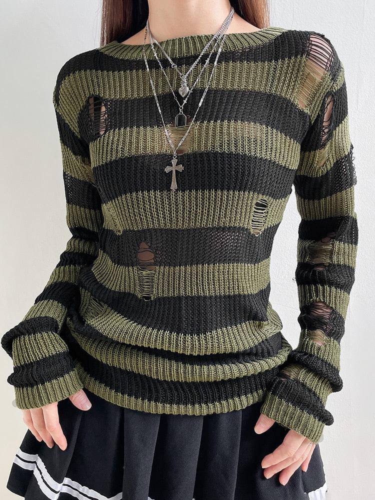Style Core Aesthetics, New Style Trends - Grunge Distressed Striped Sweater Style Core Aesthetics, New Style Trends - Grunge Distressed Striped Sweater