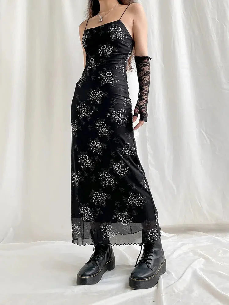Style Core Aesthetics, New Style Trends - Grunge Floral Mesh Midi Dress Style Core Aesthetics, New Style Trends - Grunge Floral Mesh Midi Dress