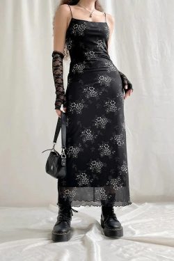 Style Core Aesthetics, New Style Trends - Grunge Floral Mesh Midi Dress