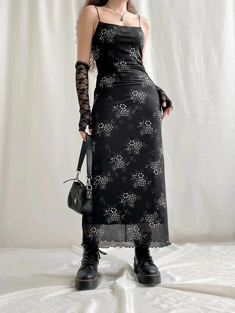 Style Core Aesthetics, New Style Trends - Grunge Floral Mesh Midi Dress Style Core Aesthetics, New Style Trends - Grunge Floral Mesh Midi Dress