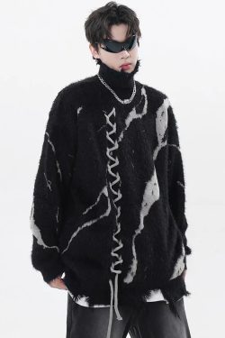 Style Core Aesthetics, New Style Trends - Grunge Fluffy Lace Up Sweater