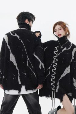 Style Core Aesthetics, New Style Trends - Grunge Fluffy Lace Up Sweater