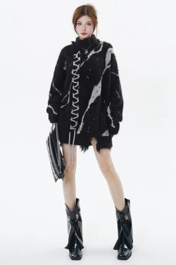 Style Core Aesthetics, New Style Trends - Grunge Fluffy Lace Up Sweater
