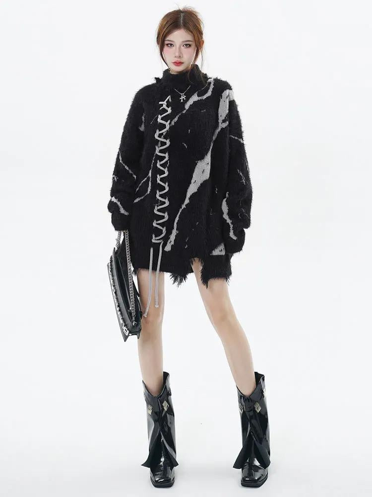 Style Core Aesthetics, New Style Trends - Grunge Fluffy Lace Up Sweater Style Core Aesthetics, New Style Trends - Grunge Fluffy Lace Up Sweater