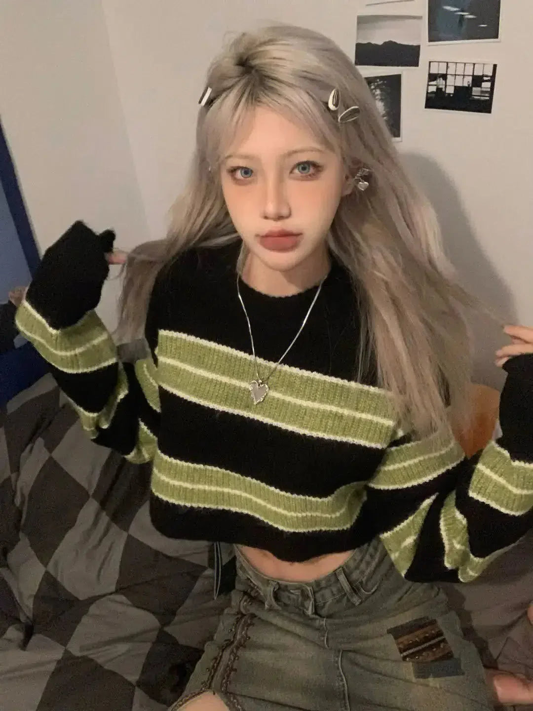 Style Core Aesthetics, New Style Trends - Grunge Green Striped Crop Sweater Style Core Aesthetics, New Style Trends - Grunge Green Striped Crop Sweater