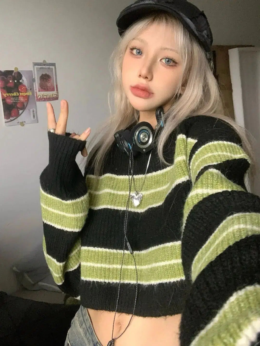 Style Core Aesthetics, New Style Trends - Grunge Green Striped Crop Sweater Style Core Aesthetics, New Style Trends - Grunge Green Striped Crop Sweater