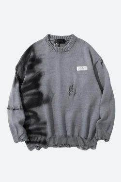 Style Core Aesthetics, New Style Trends - Grunge Spray Paint Distressed Knitted Sweater