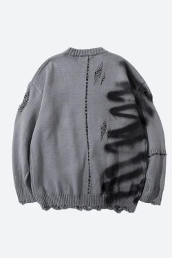 Style Core Aesthetics, New Style Trends - Grunge Spray Paint Distressed Knitted Sweater