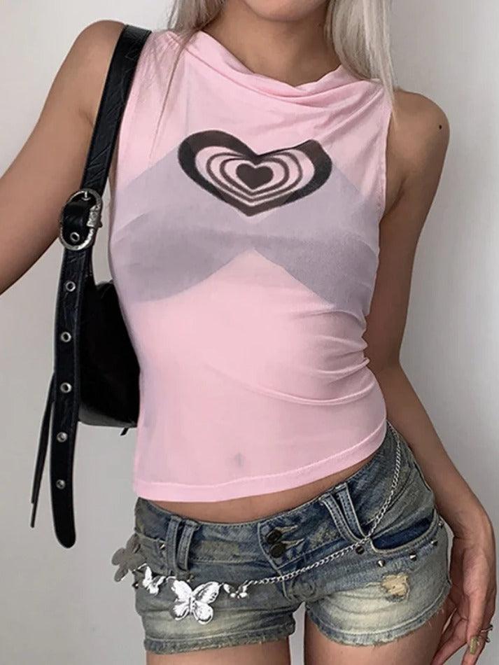 Style Core Aesthetics, New Style Trends - Heart Print See Through Tank Top Style Core Aesthetics, New Style Trends - Heart Print See Through Tank Top