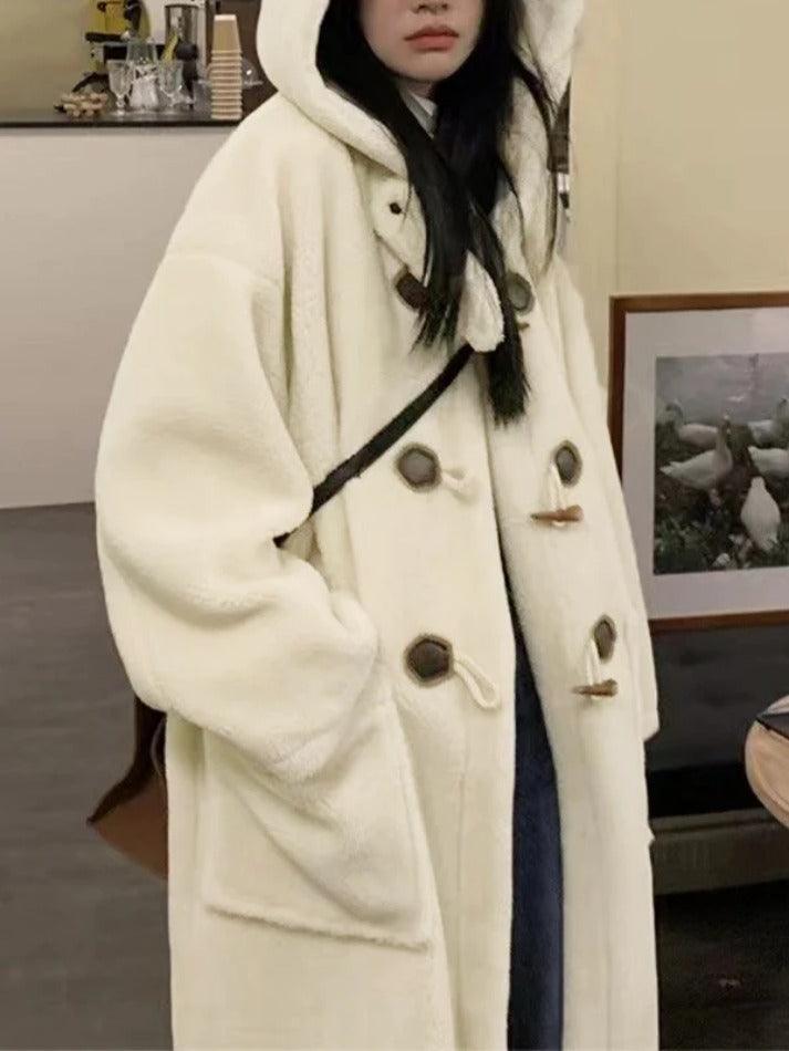 Style Core Aesthetics, New Style Trends - Horn Button lambswool Hooded Jacket Style Core Aesthetics, New Style Trends - Horn Button lambswool Hooded Jacket