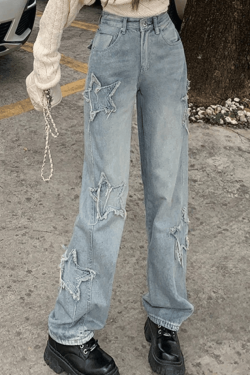 Style Core Aesthetics, New Style Trends - Jean boyfriend vintage à patch étoile et effet vieilli