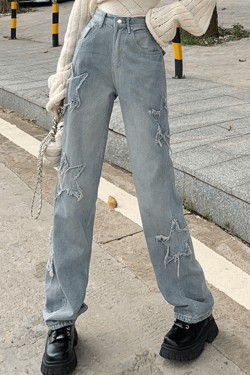 Style Core Aesthetics, New Style Trends - Jean boyfriend vintage à patch étoile et effet vieilli