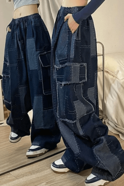 Style Core Aesthetics, New Style Trends - Jean cargo baggy à carreaux bleu vintage