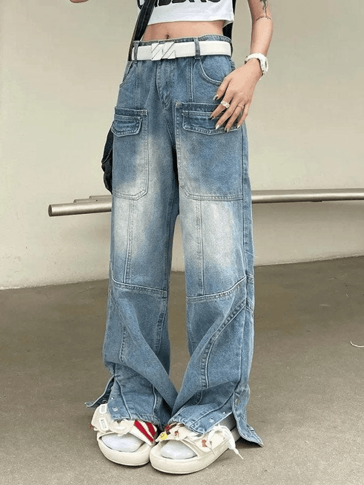 Style Core Aesthetics, New Style Trends - Jean cargo bleu fendu à boutons Style Core Aesthetics, New Style Trends - Jean cargo bleu fendu à boutons
