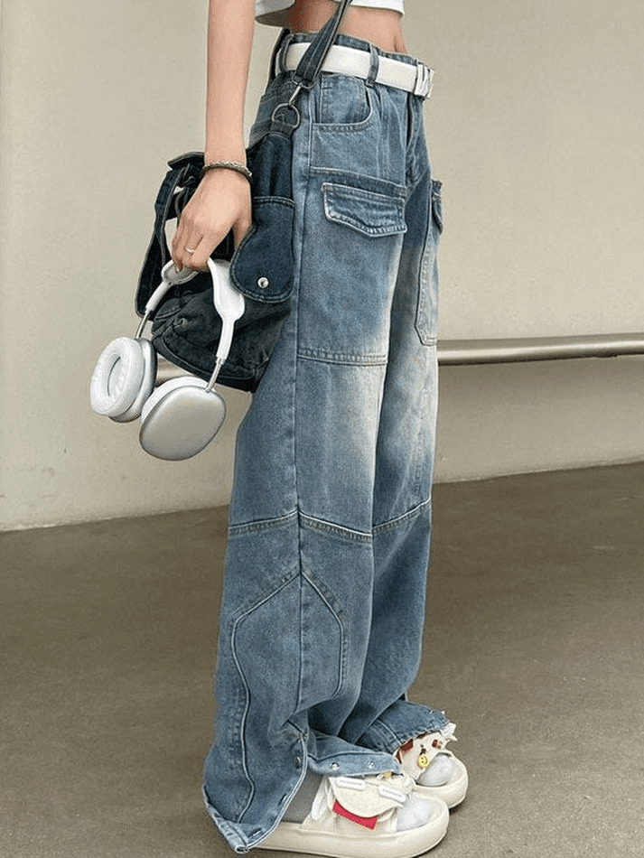 Style Core Aesthetics, New Style Trends - Jean cargo bleu fendu à boutons Style Core Aesthetics, New Style Trends - Jean cargo bleu fendu à boutons