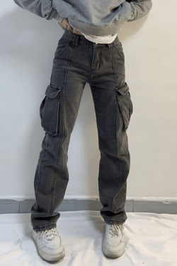 Style Core Aesthetics, New Style Trends - Jean cargo délavé à taille moyenne avec poche