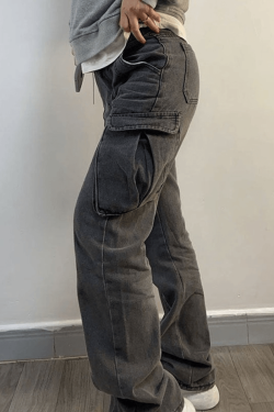 Style Core Aesthetics, New Style Trends - Jean cargo délavé à taille moyenne avec poche