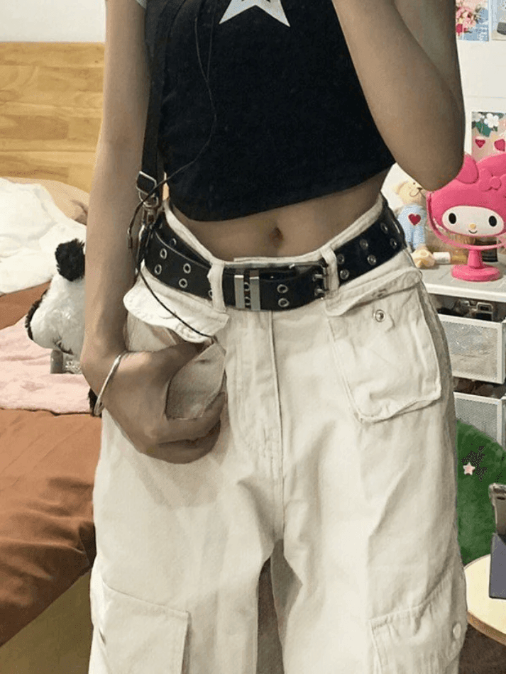Style Core Aesthetics, New Style Trends - Jean cargo droit Y2K à poche plaquée Style Core Aesthetics, New Style Trends - Jean cargo droit Y2K à poche plaquée