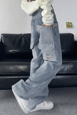 Style Core Aesthetics, New Style Trends - Jean cargo vintage à délavage clair et patchwork