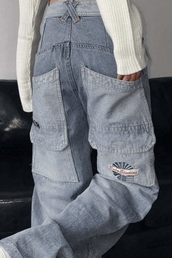 Style Core Aesthetics, New Style Trends - Jean cargo vintage à délavage clair et patchwork