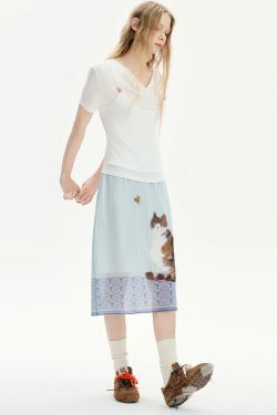 Style Core Aesthetics, New Style Trends - Jupe mi-longue Chat Style Soft Girl