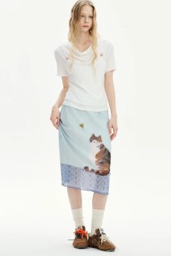 Style Core Aesthetics, New Style Trends - Jupe mi-longue Chat Style Soft Girl