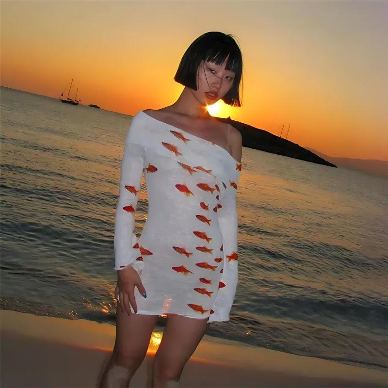 Style Core Aesthetics, New Style Trends - Koi Fish Printed Mesh Mini Dress Style Core Aesthetics, New Style Trends - Koi Fish Printed Mesh Mini Dress
