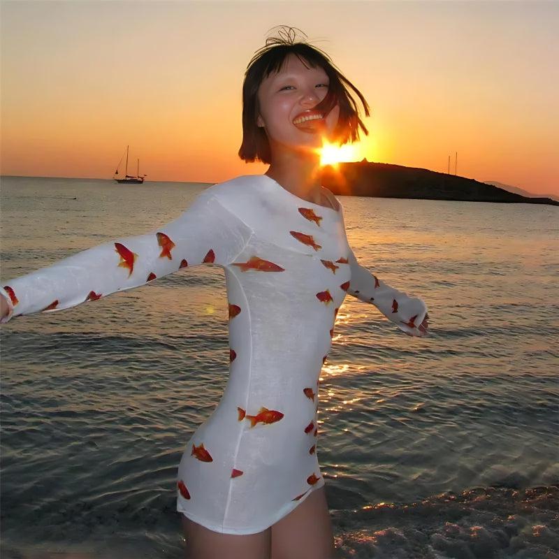Style Core Aesthetics, New Style Trends - Koi Fish Printed Mesh Mini Dress Style Core Aesthetics, New Style Trends - Koi Fish Printed Mesh Mini Dress