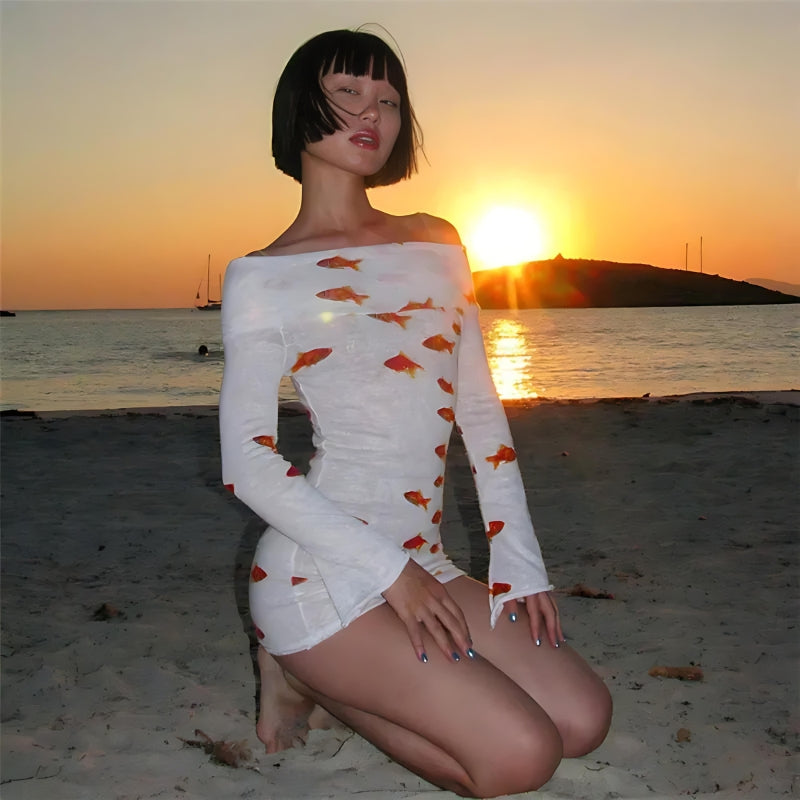 Style Core Aesthetics, New Style Trends - Koi Fish Printed Mesh Mini Dress Style Core Aesthetics, New Style Trends - Koi Fish Printed Mesh Mini Dress