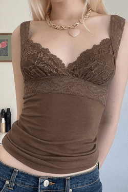 Style Core Aesthetics, New Style Trends - Lace Paneled Brown Tank Top