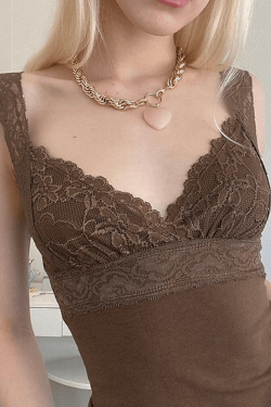 Style Core Aesthetics, New Style Trends - Lace Paneled Brown Tank Top