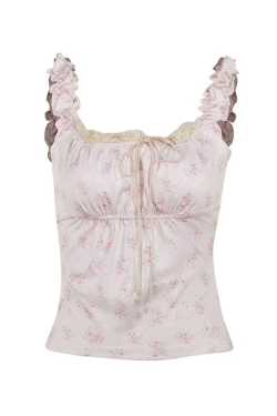 Style Core Aesthetics, New Style Trends - Lace Paneled Floral Cropped Tank Top