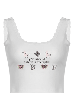 Style Core Aesthetics, New Style Trends - Lace Patch Embroidery Cropped Tank Top