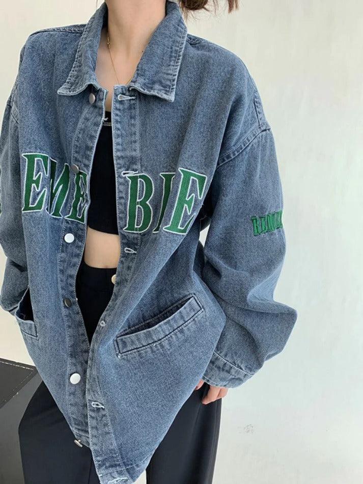 Style Core Aesthetics, New Style Trends - Letter Embroidery Oversized Denim Jacket Style Core Aesthetics, New Style Trends - Letter Embroidery Oversized Denim Jacket