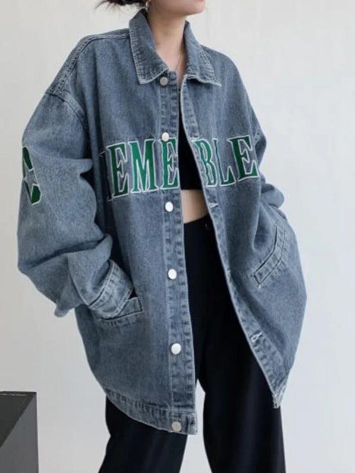Style Core Aesthetics, New Style Trends - Letter Embroidery Oversized Denim Jacket Style Core Aesthetics, New Style Trends - Letter Embroidery Oversized Denim Jacket