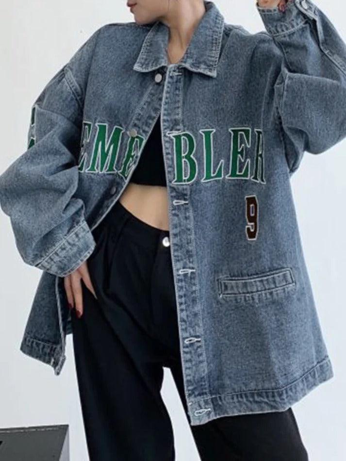 Style Core Aesthetics, New Style Trends - Letter Embroidery Oversized Denim Jacket Style Core Aesthetics, New Style Trends - Letter Embroidery Oversized Denim Jacket