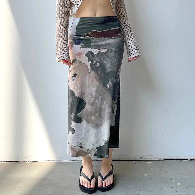 Style Core Aesthetics, New Style Trends - Low Rise Graphic Printed Midi Skirt Style Core Aesthetics, New Style Trends - Low Rise Graphic Printed Midi Skirt