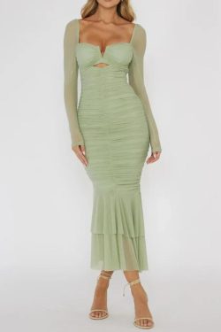 Style Core Aesthetics, New Style Trends - Mesh Ruched Bodycon Midi Dress