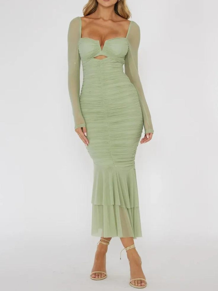 Style Core Aesthetics, New Style Trends - Mesh Ruched Bodycon Midi Dress Style Core Aesthetics, New Style Trends - Mesh Ruched Bodycon Midi Dress