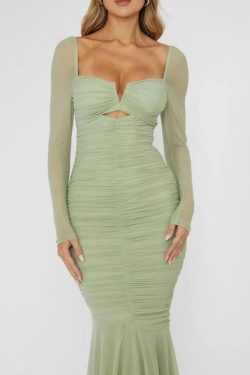Style Core Aesthetics, New Style Trends - Mesh Ruched Bodycon Midi Dress