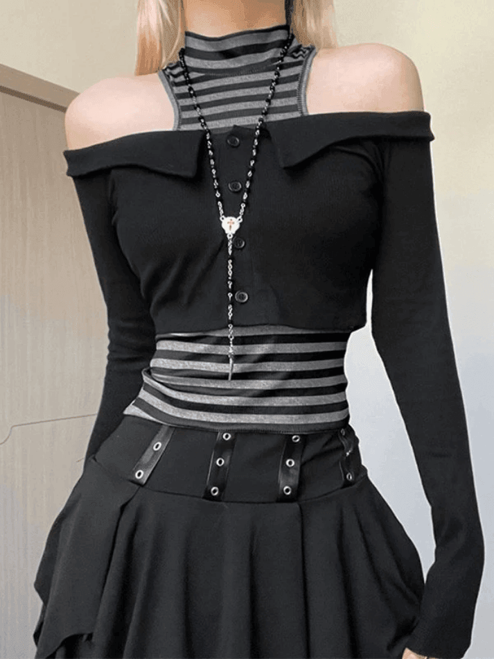 Style Core Aesthetics, New Style Trends - Off Shoulder Long Sleeve Top & Striped Tank Set Style Core Aesthetics, New Style Trends - Off Shoulder Long Sleeve Top & Striped Tank Set