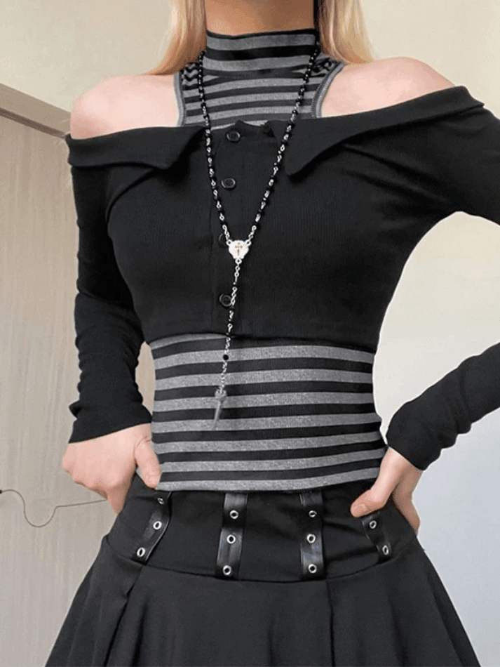 Style Core Aesthetics, New Style Trends - Off Shoulder Long Sleeve Top & Striped Tank Set Style Core Aesthetics, New Style Trends - Off Shoulder Long Sleeve Top & Striped Tank Set