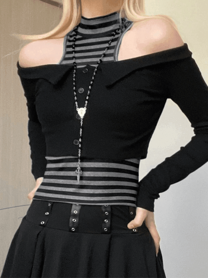 Style Core Aesthetics, New Style Trends - Off Shoulder Long Sleeve Top & Striped Tank Set Style Core Aesthetics, New Style Trends - Off Shoulder Long Sleeve Top & Striped Tank Set